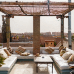 Moroccan riad with sunlight casting beautiful shadows for photography