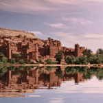 Oasis in the Sahara Desert surrounded by palm trees and golden dunes