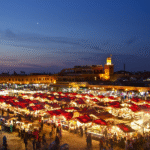 Bustling view of Jamaa El Fna square in Marrakech, Morocco