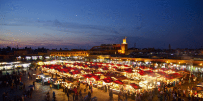 Bustling view of Jamaa El Fna square in Marrakech, Morocco