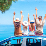 Family enjoying the view from their car during a Morocco road trip