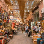 Colorful street scene in Marrakech Old Medina with traditional architecture