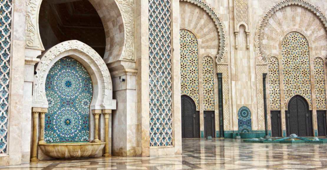 Interior of Hassan II Mosque in Casablanca with fountain
