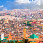 Aerial view of Fez, Morocco showing the Medina and historic rooftops